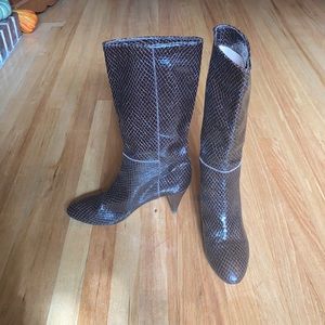 Loeffler Randall kitten heel reptile design leather boots. Made in Italy.